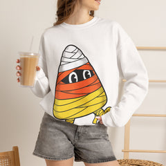 Funny Halloween Candy Corn Mummy Creeping Graphic Crewneck Sweatshirt
