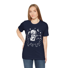 Cute Kawaii Grim Reaper Riding Black Cat Halloween Line Art T-Shirt
