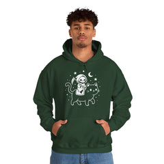 Cute Kawaii Grim Reaper Riding Black Cat Halloween Line Art Hoodie