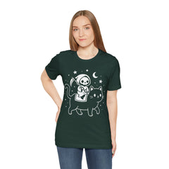 Cute Kawaii Grim Reaper Riding Black Cat Halloween Line Art T-Shirt