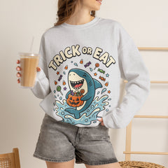 Funny Trick Or Eat Shark Pumpkin Halloween Crewneck Sweatshirt