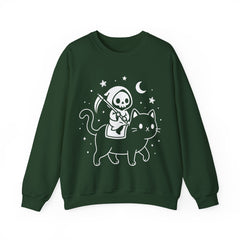 Cute Kawaii Grim Reaper Riding Black Cat Halloween Line Art Crewneck Sweatshirt