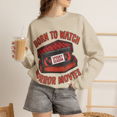 Funny Retro VHS Tape Coffin Born To Watch Horror Movies Crewneck Sweatshirt