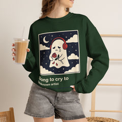 Funny Sad Ghost Song To Cry To Retro Music Player Crewneck Sweatshirt