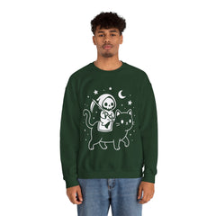 Cute Kawaii Grim Reaper Riding Black Cat Halloween Line Art Crewneck Sweatshirt