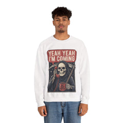 Funny Grim Reaper Yeah Yeah I'm Coming But First Coffee Crewneck Sweatshirt