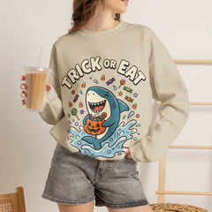 Funny Trick Or Eat Shark Pumpkin Halloween Crewneck Sweatshirt