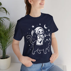 Cute Kawaii Grim Reaper Riding Black Cat Halloween Line Art T-Shirt