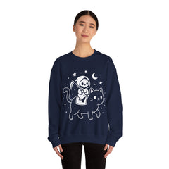 Cute Kawaii Grim Reaper Riding Black Cat Halloween Line Art Crewneck Sweatshirt
