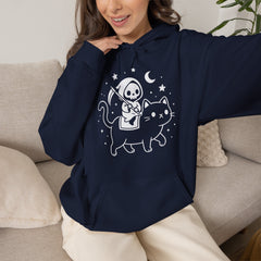 Cute Kawaii Grim Reaper Riding Black Cat Halloween Line Art Hoodie