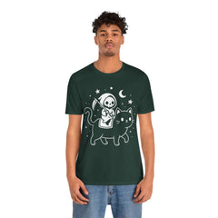 Cute Kawaii Grim Reaper Riding Black Cat Halloween Line Art T-Shirt