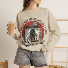 Funny Horror Movie TV Parody My Life Is One Weird Horror Flick Crewneck Sweatshirt