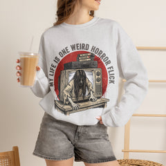 Funny Horror Movie TV Parody My Life Is One Weird Horror Flick Crewneck Sweatshirt