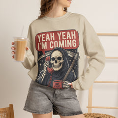 Funny Grim Reaper Yeah Yeah I'm Coming But First Coffee Crewneck Sweatshirt