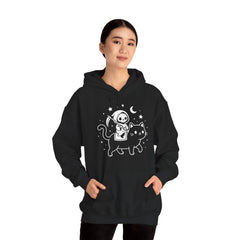 Cute Kawaii Grim Reaper Riding Black Cat Halloween Line Art Hoodie