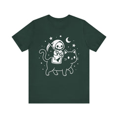 Cute Kawaii Grim Reaper Riding Black Cat Halloween Line Art T-Shirt