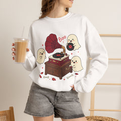 Funny Ghost Record Player Vinyl Gramophone Retro Crewneck Sweatshirt