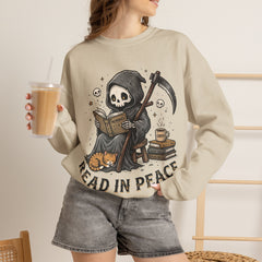 Funny Grim Reaper Read In Peace Book Cat Crewneck Sweatshirt