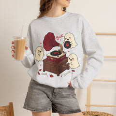Funny Ghost Record Player Vinyl Gramophone Retro Crewneck Sweatshirt