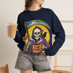 Funny Grim Reaper I Love My Work Coffee Retro Crewneck Sweatshirt
