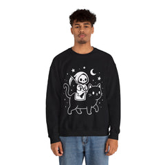 Cute Kawaii Grim Reaper Riding Black Cat Halloween Line Art Crewneck Sweatshirt