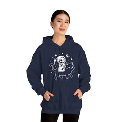 Cute Kawaii Grim Reaper Riding Black Cat Halloween Line Art Hoodie