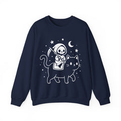Cute Kawaii Grim Reaper Riding Black Cat Halloween Line Art Crewneck Sweatshirt