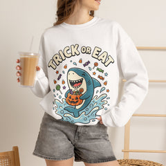 Funny Trick Or Eat Shark Pumpkin Halloween Crewneck Sweatshirt
