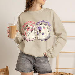 Funny Capyboora and Cow Ghost Retro Halloween Crewneck Sweatshirt