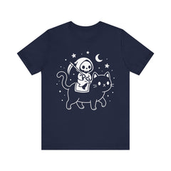 Cute Kawaii Grim Reaper Riding Black Cat Halloween Line Art T-Shirt