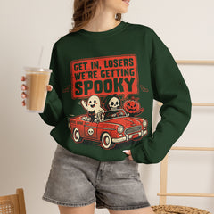 Funny Get In Losers We're Getting Spooky Retro Halloween Crewneck Sweatshirt