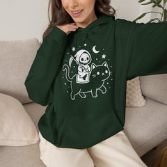 Cute Kawaii Grim Reaper Riding Black Cat Halloween Line Art Hoodie
