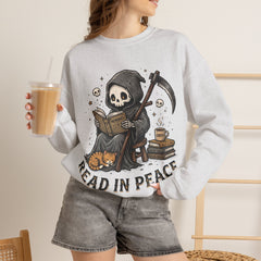 Funny Grim Reaper Read In Peace Book Cat Crewneck Sweatshirt