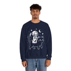 Cute Kawaii Grim Reaper Riding Black Cat Halloween Line Art Crewneck Sweatshirt