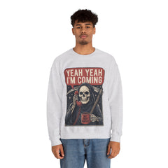 Funny Grim Reaper Yeah Yeah I'm Coming But First Coffee Crewneck Sweatshirt