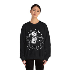 Cute Kawaii Grim Reaper Riding Black Cat Halloween Line Art Crewneck Sweatshirt