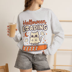 Halloween Loading Please Wait Cute Ghost Cat Purple Crewneck Sweatshirt