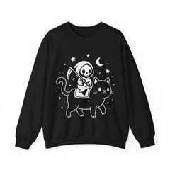 Cute Kawaii Grim Reaper Riding Black Cat Halloween Line Art Crewneck Sweatshirt