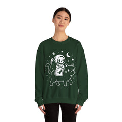 Cute Kawaii Grim Reaper Riding Black Cat Halloween Line Art Crewneck Sweatshirt