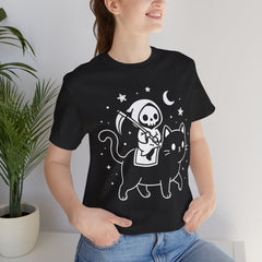 Cute Kawaii Grim Reaper Riding Black Cat Halloween Line Art T-Shirt