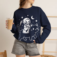 Cute Kawaii Grim Reaper Riding Black Cat Halloween Line Art Crewneck Sweatshirt