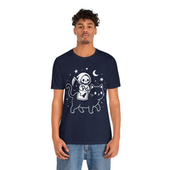 Cute Kawaii Grim Reaper Riding Black Cat Halloween Line Art T-Shirt
