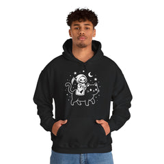 Cute Kawaii Grim Reaper Riding Black Cat Halloween Line Art Hoodie