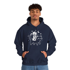 Cute Kawaii Grim Reaper Riding Black Cat Halloween Line Art Hoodie