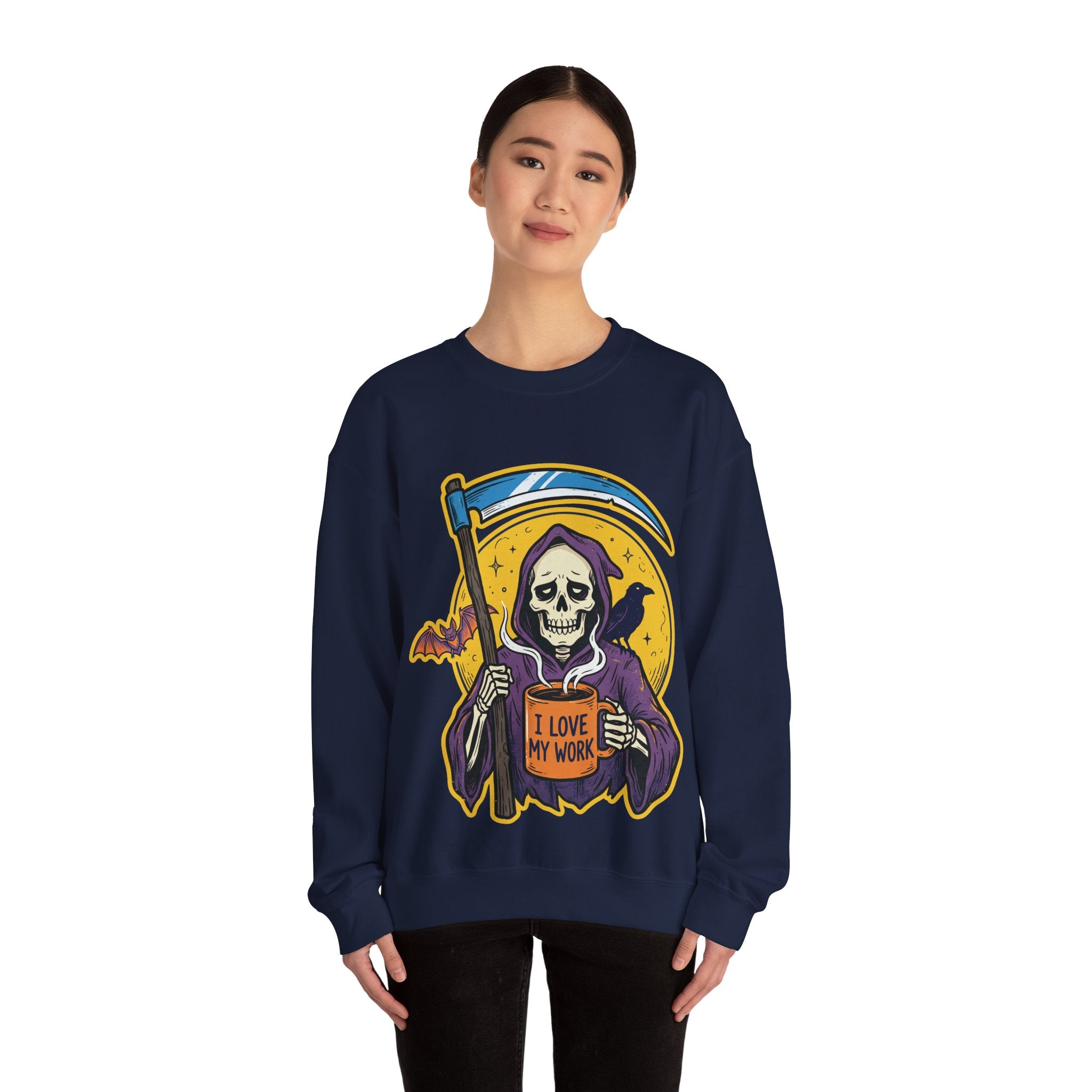 Funny Grim Reaper I Love My Work Coffee Retro Crewneck Sweatshirt