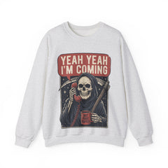 Funny Grim Reaper Yeah Yeah I'm Coming But First Coffee Crewneck Sweatshirt