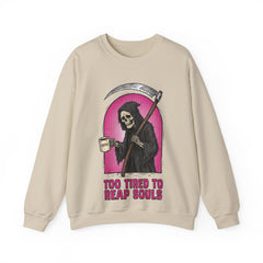 Funny Grim Reaper Too Tired To Reap Souls Coffee Crewneck Sweatshirt