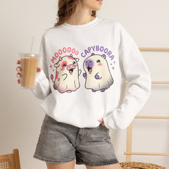 Funny Capyboora and Cow Ghost Retro Halloween Crewneck Sweatshirt