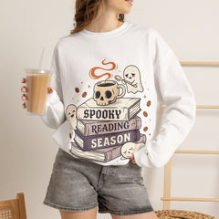 Spooky Reading Season Skull Coffee Mug Retro Crewneck Sweatshirt