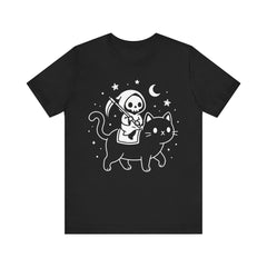 Cute Kawaii Grim Reaper Riding Black Cat Halloween Line Art T-Shirt